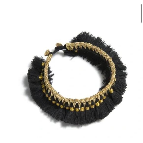 Anthropologie Shiraleah Atlanta Ankle Bracelet Gold Black Tassel Anklet - Picture 1 of 4